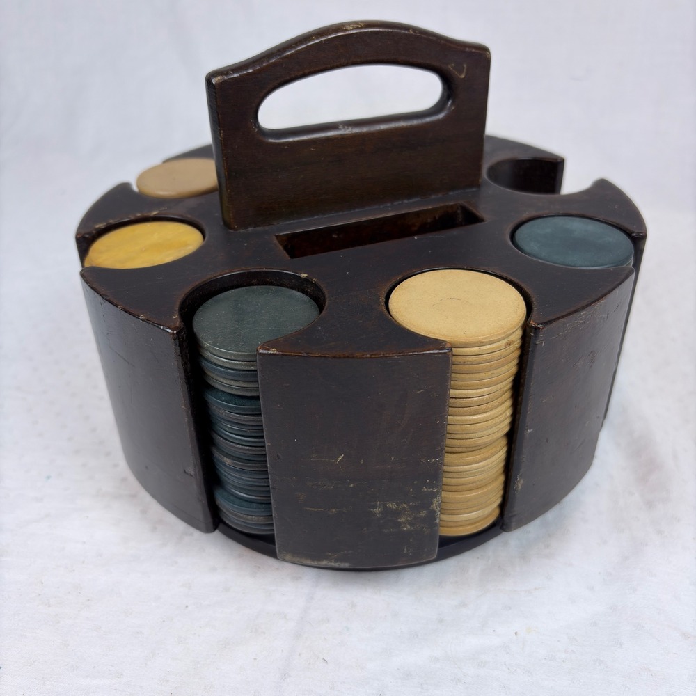 Vtg Wood Carousel Poker Chip Carrier Caddy w/ 230 Clay Chips Lazy Susan 2 Decks - Picture 11 of 16